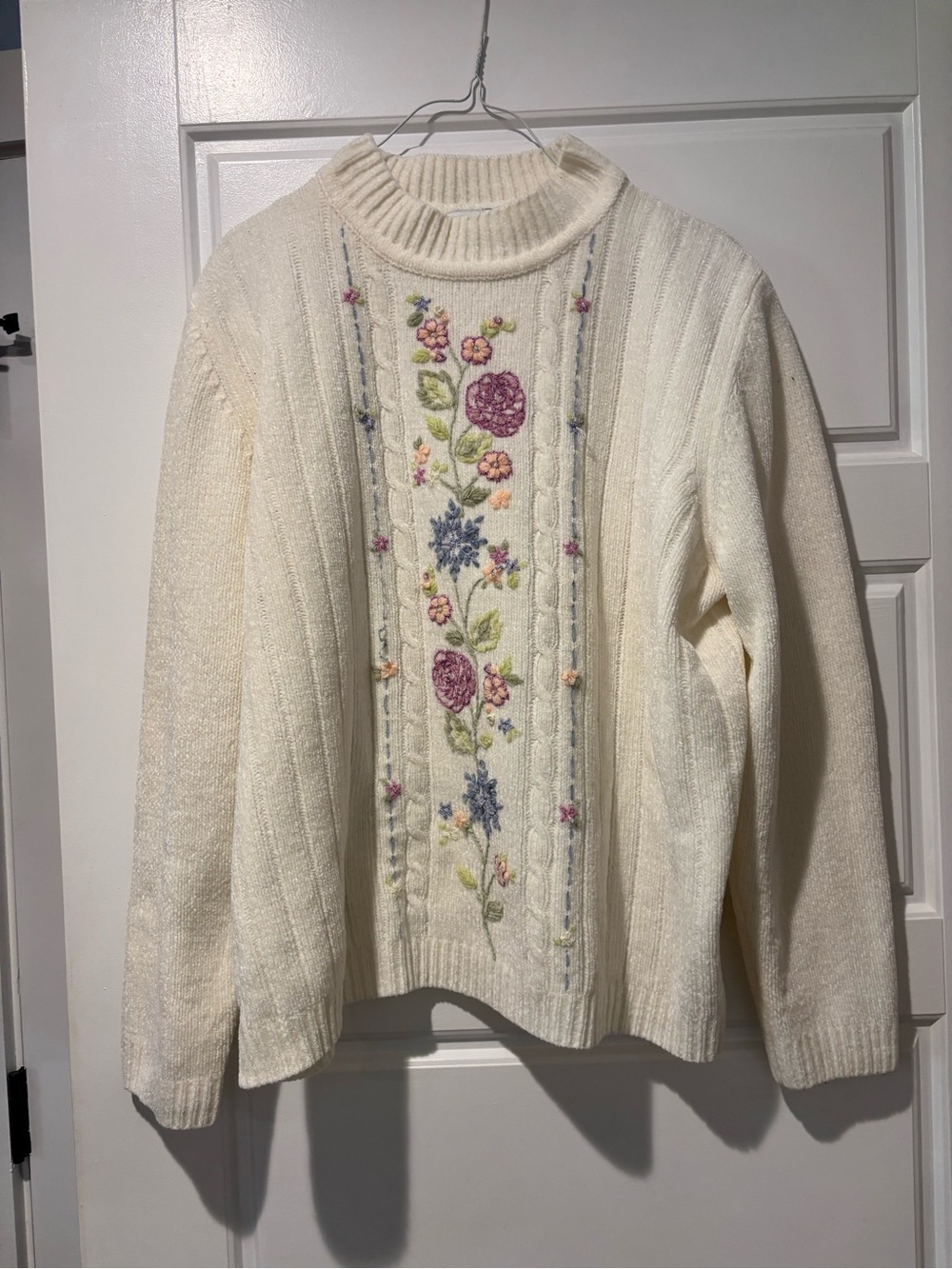 Alfred Dunner Cream Cable Knit Sweater with Floral Embroidery